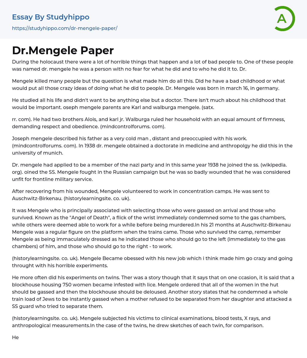 Dr.Mengele Paper Essay Example
