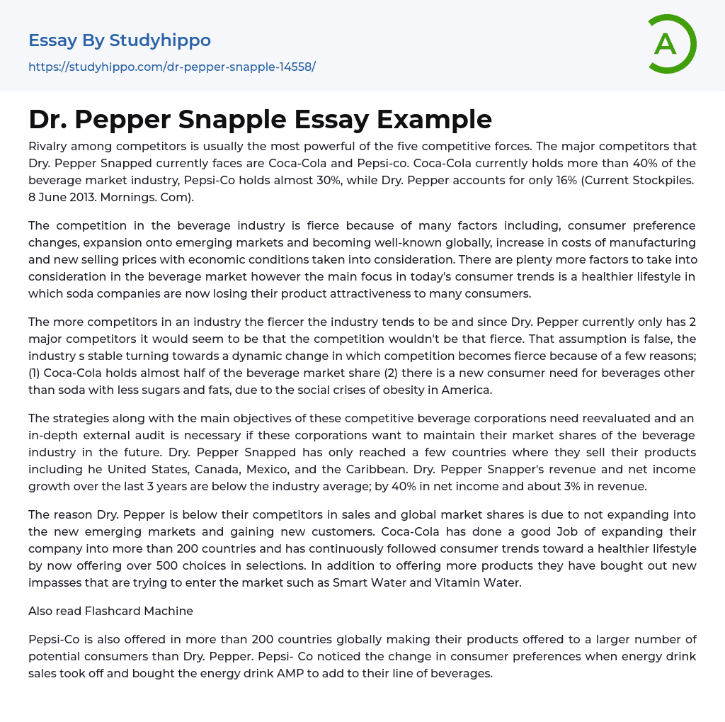Dr. Pepper Snapple Essay Example