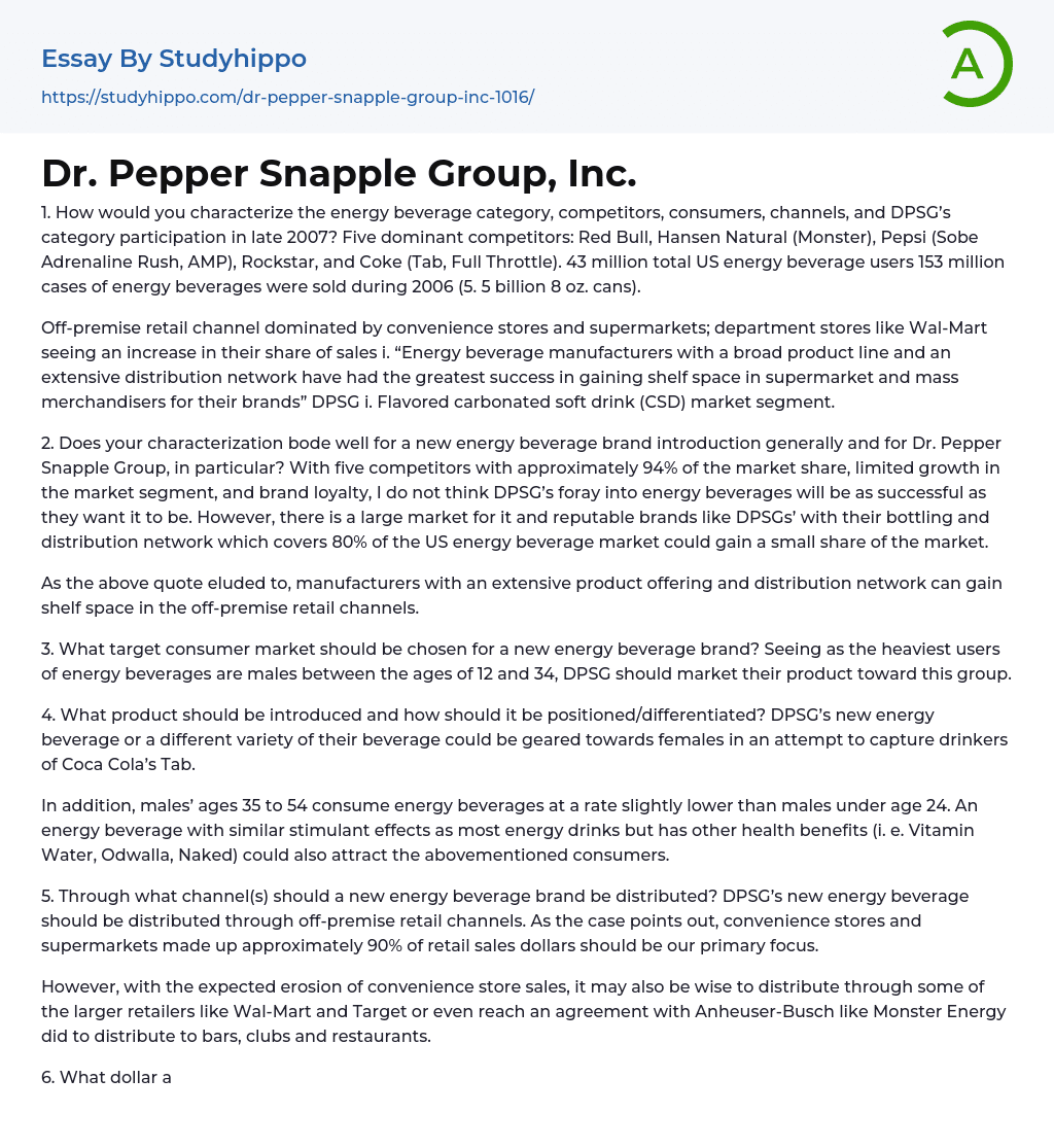 Dr. Pepper Snapple Group, Inc. Essay Example