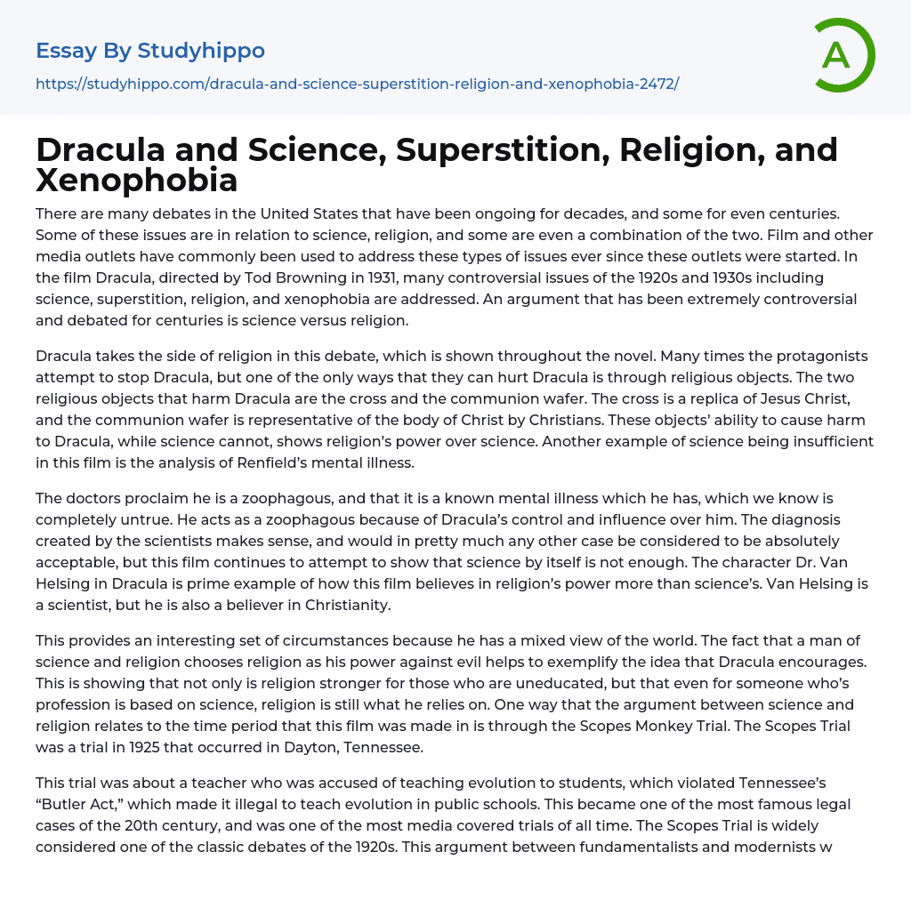 Dracula and Science, Superstition, Religion, and Xenophobia Essay Example