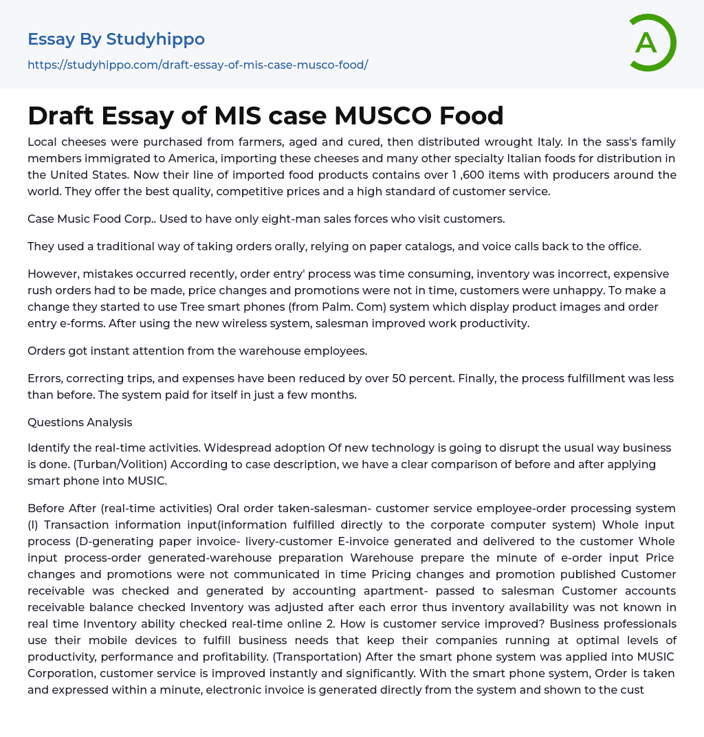 Draft Essay of MIS case MUSCO Food