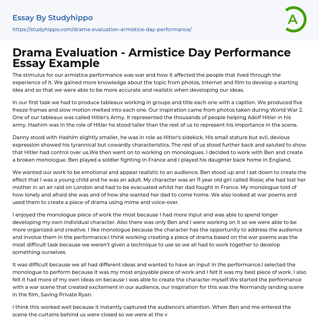 Drama Evaluation – Armistice Day Performance Essay Example