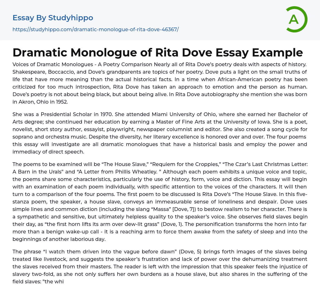 Dramatic Monologue of Rita Dove Essay Example