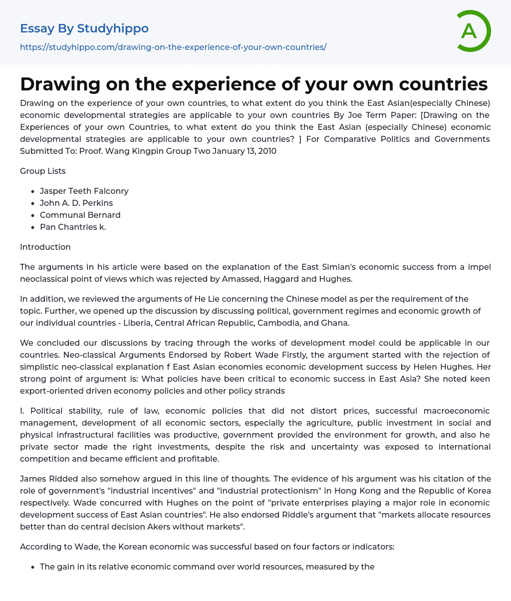 Drawing on the experience of your own countries Essay Example