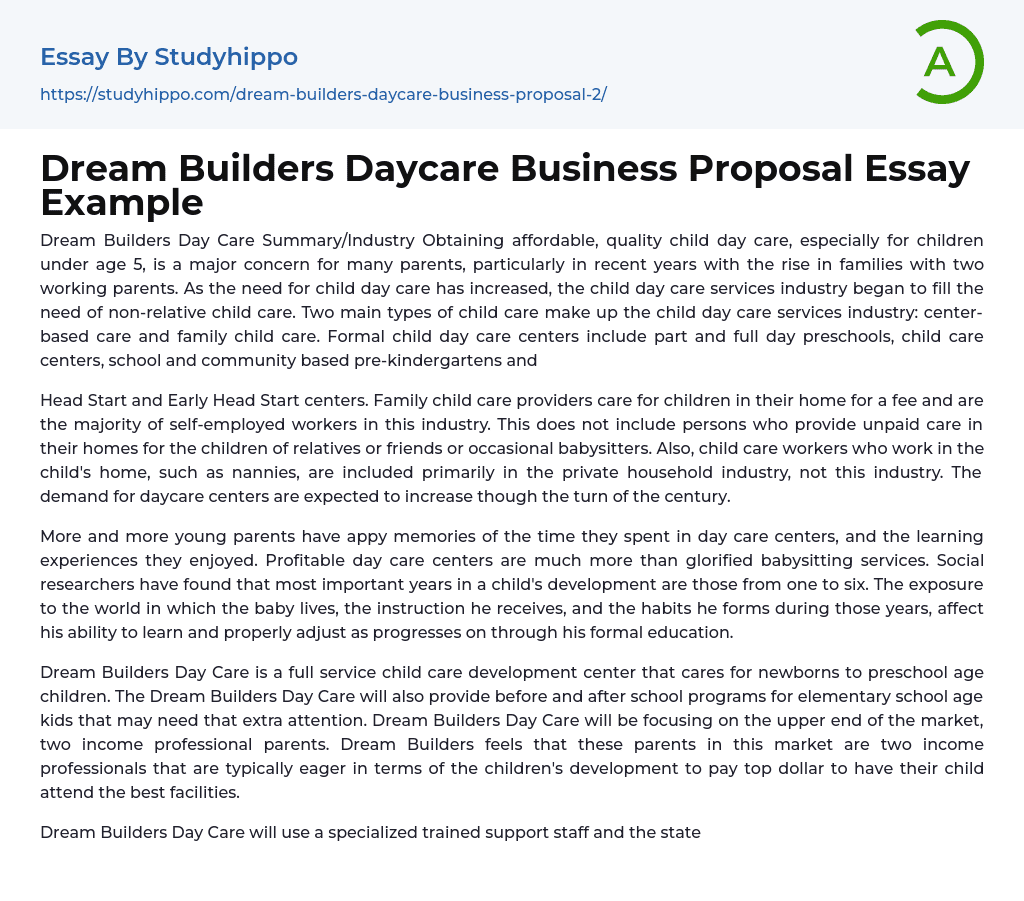 Dream Builders Daycare Business Proposal Essay Example