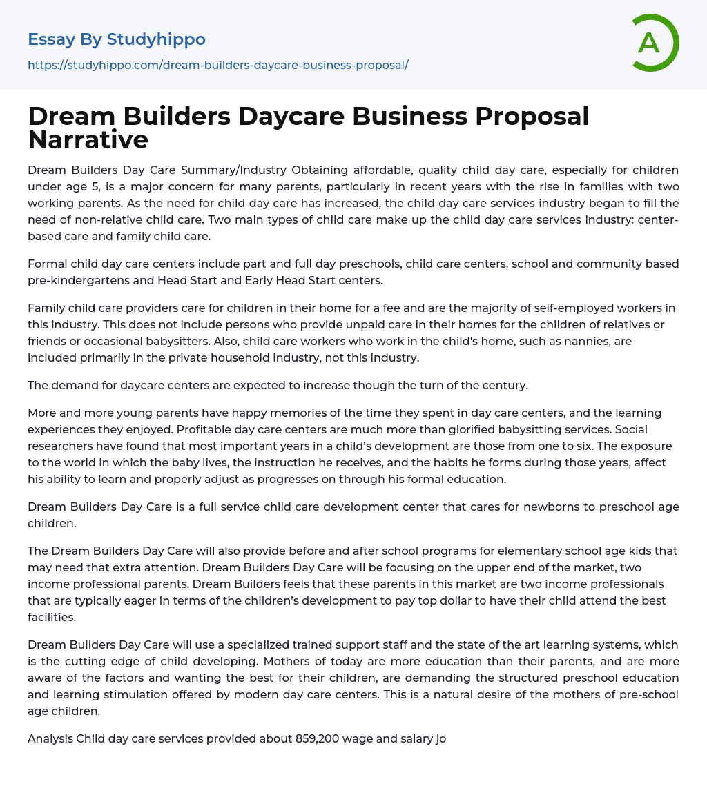 Dream Builders Daycare Business Proposal Narrative Essay Example