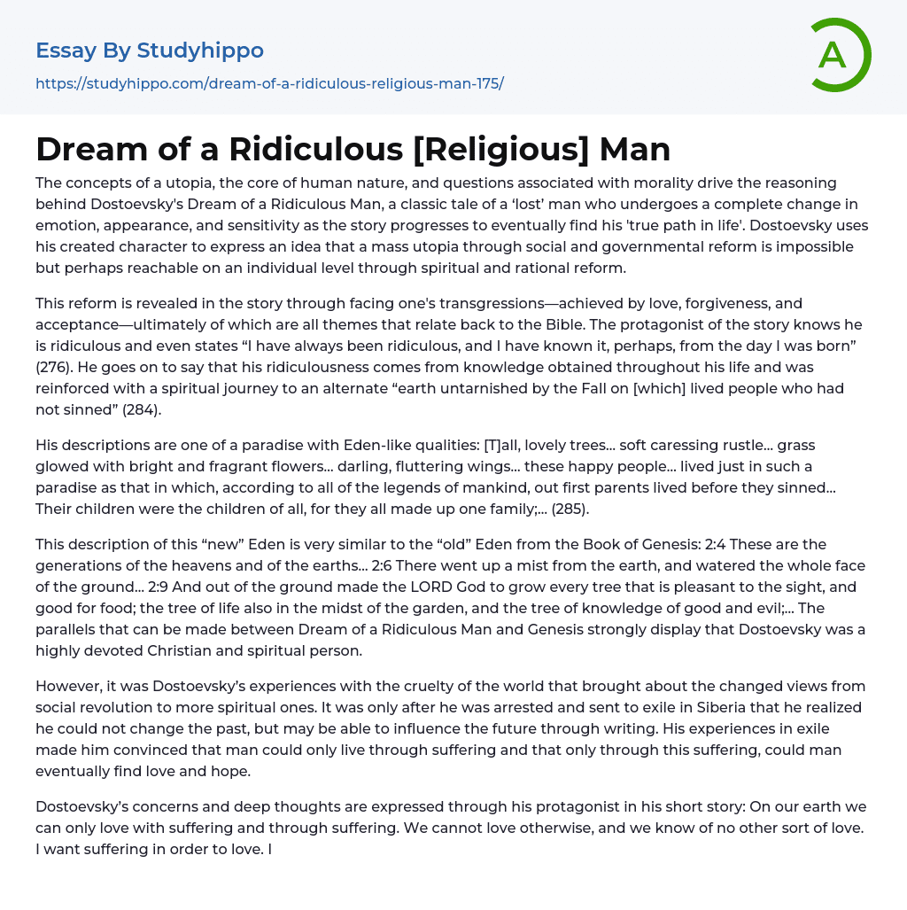 Dream of a Ridiculous [Religious] Man Essay Example