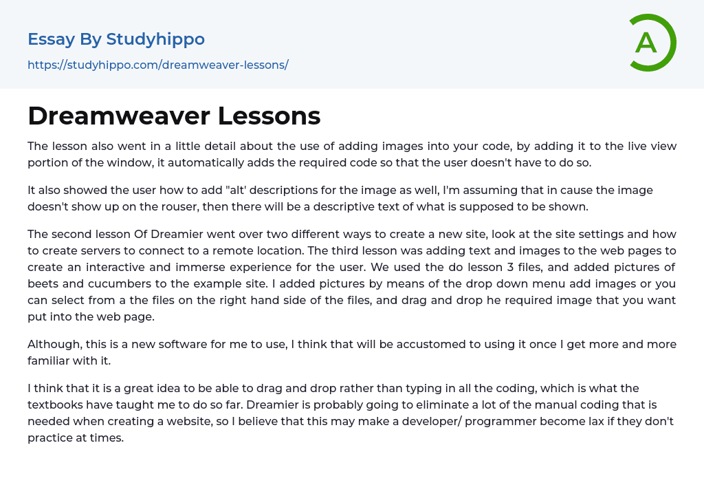 Dreamweaver Lessons Essay Example