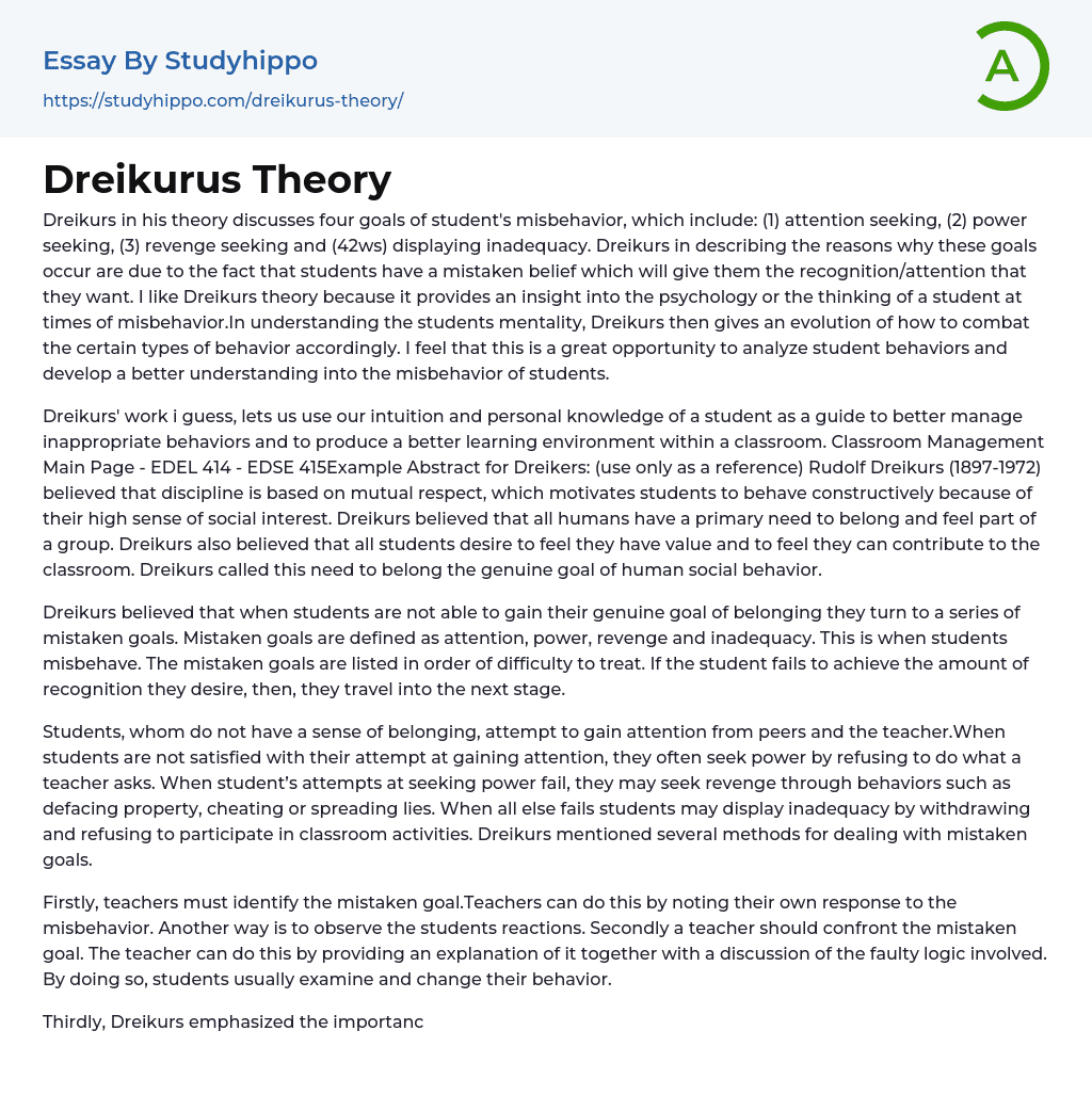 Dreikurus Theory Essay Example