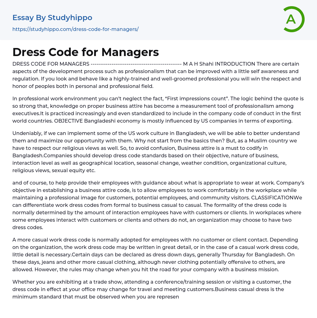 Dress Code for Managers Essay Example