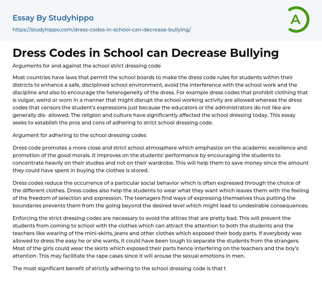 Dress Codes in School can Decrease Bullying Essay Example