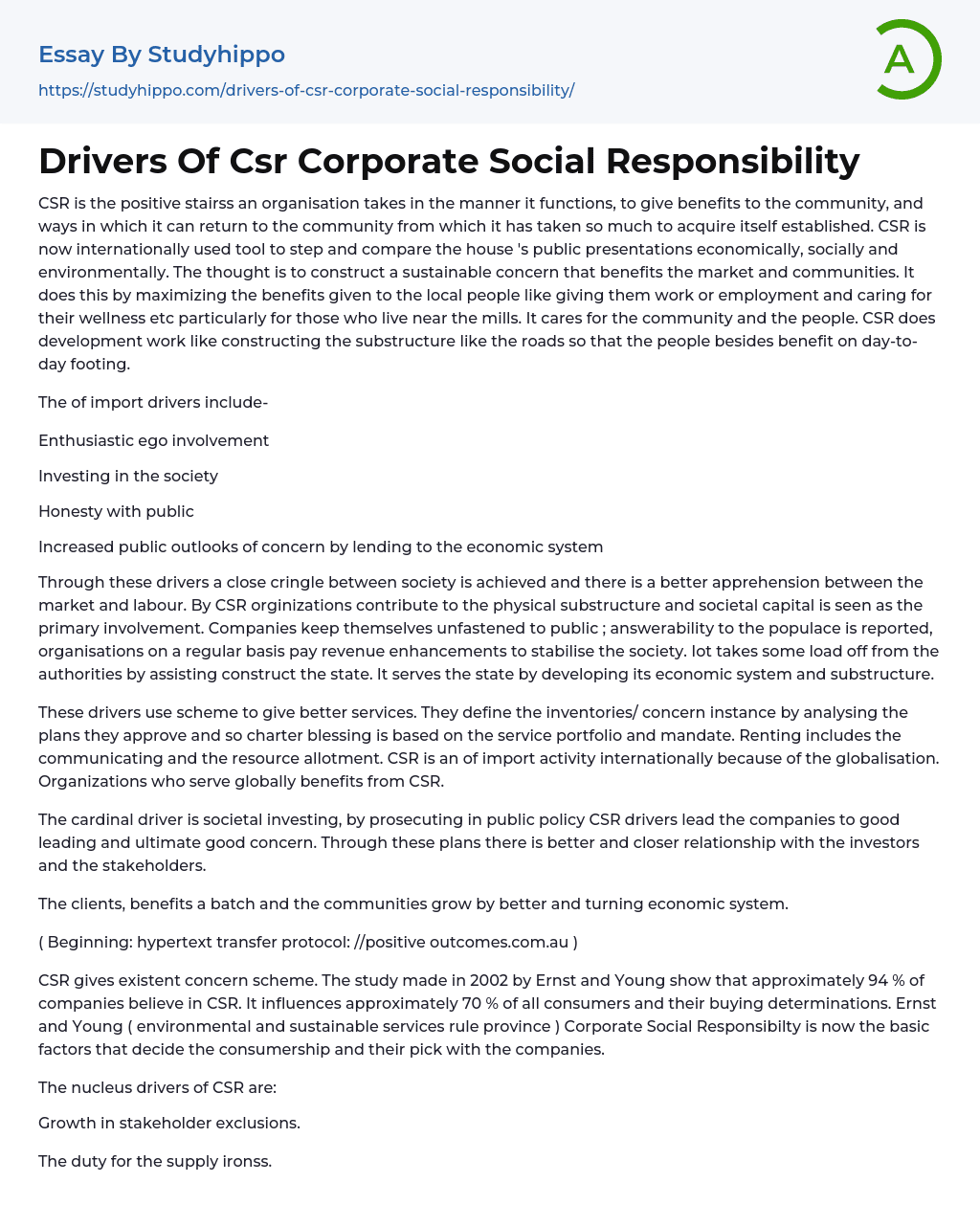 Drivers Of Csr Corporate Social Responsibility Essay Example