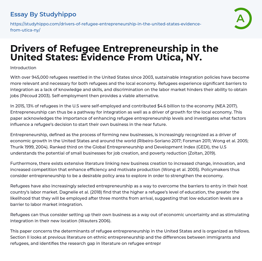 Drivers of Refugee Entrepreneurship in the United States: Evidence From Utica, NY. Essay Example