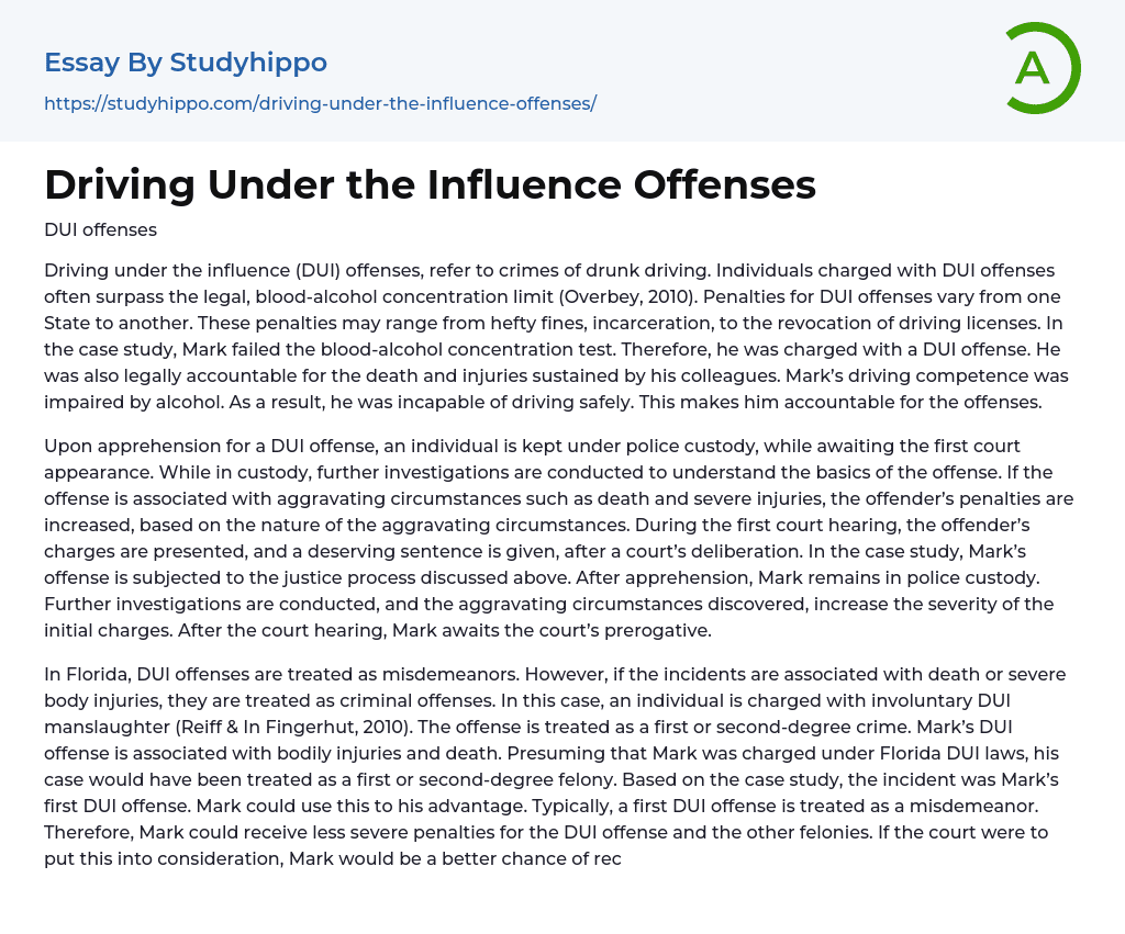 Driving Under the Influence Offenses Essay Example