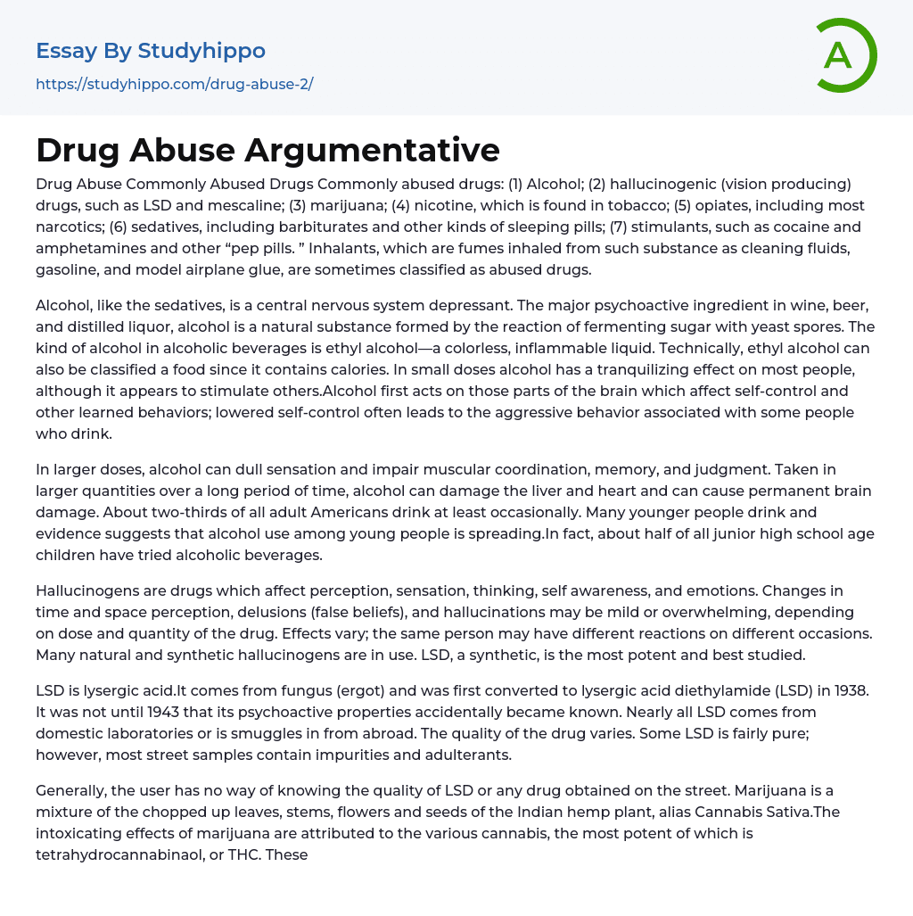 Drug Abuse Argumentative Essay Example
