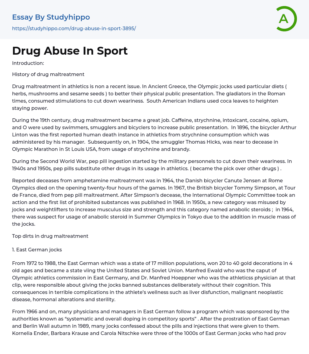 Drug Abuse In Sport Essay Example