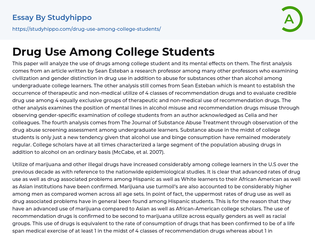Drug Use Among College Students Essay Example