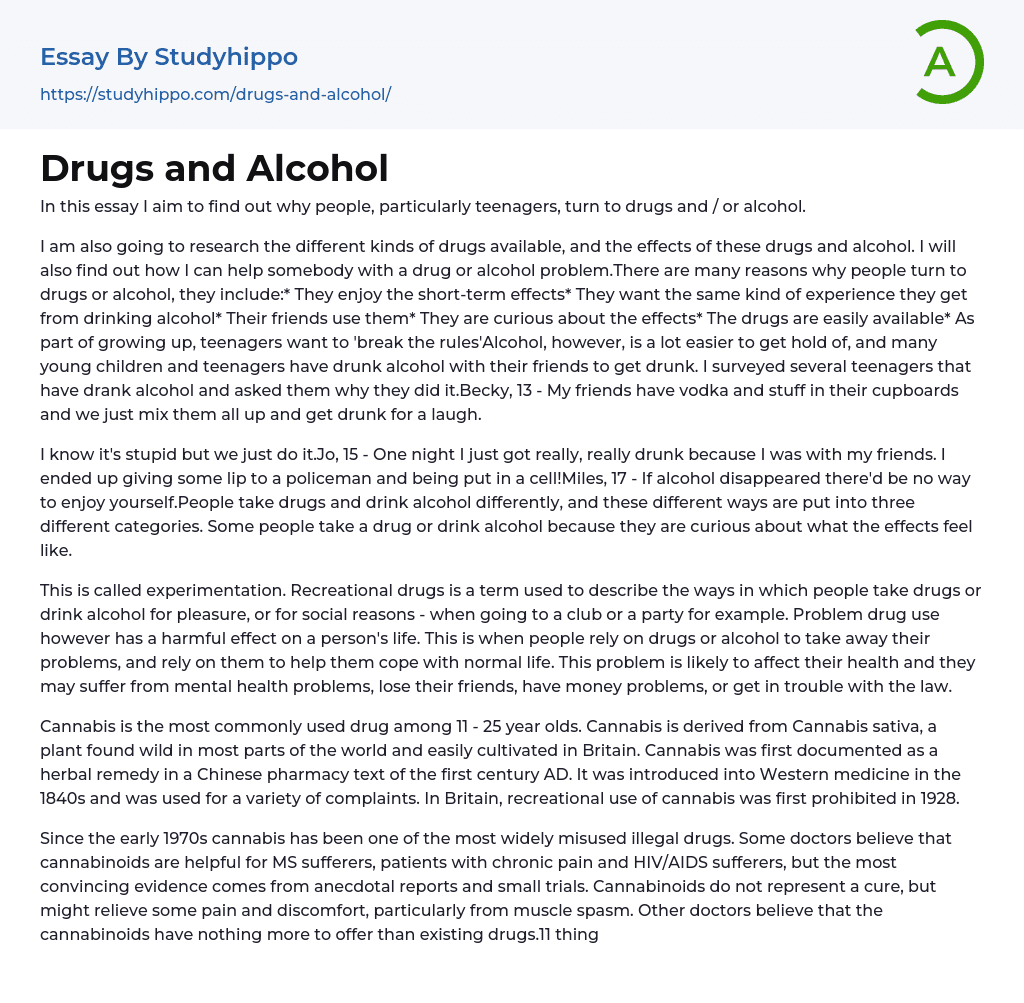Drugs and Alcohol Essay Example