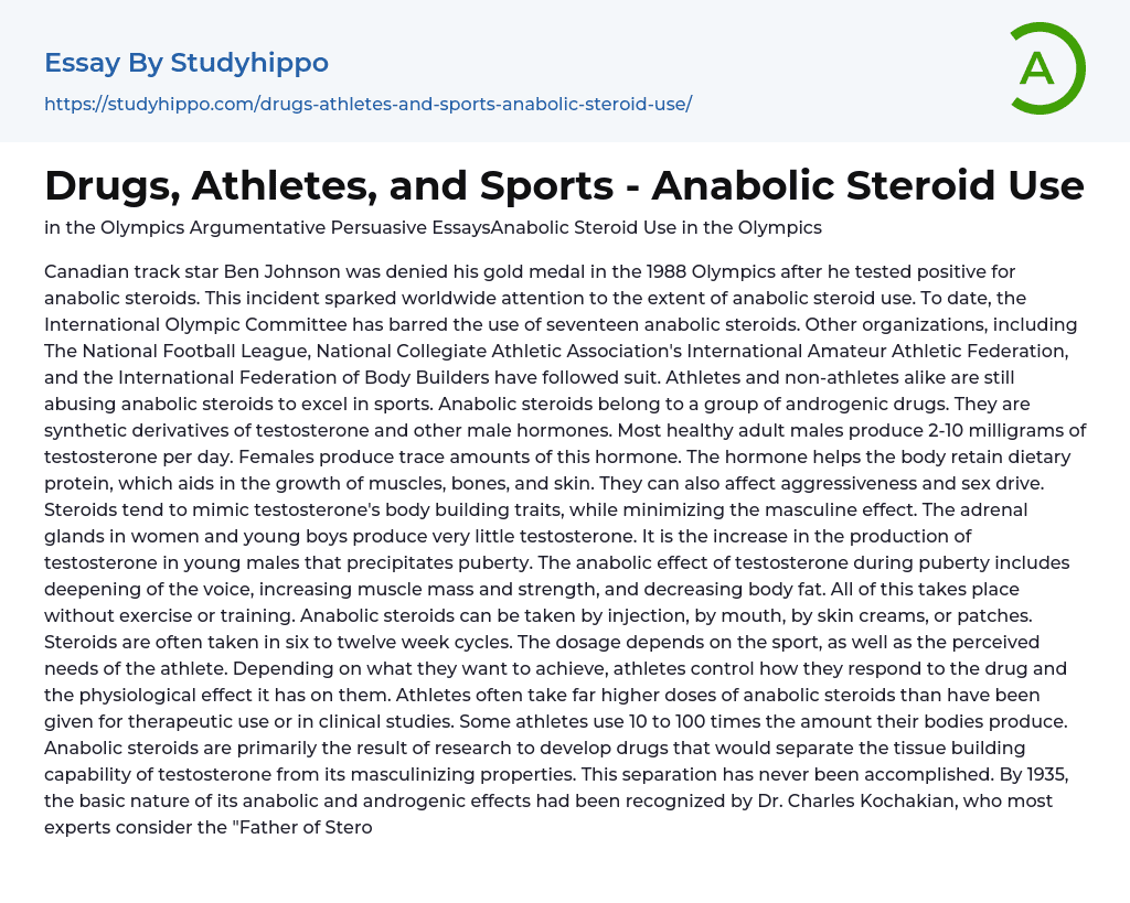 Drugs, Athletes, and Sports – Anabolic Steroid Use Essay Example