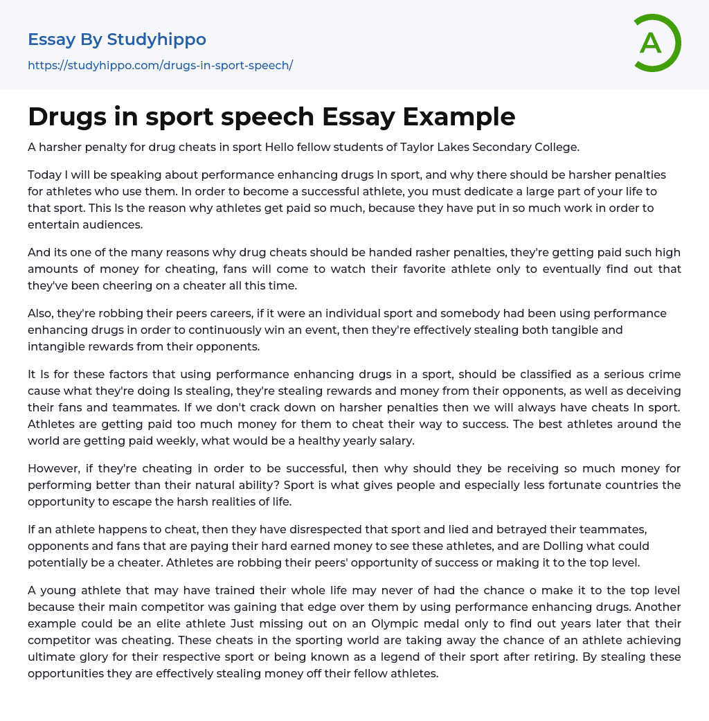 Drugs in sport speech Essay Example