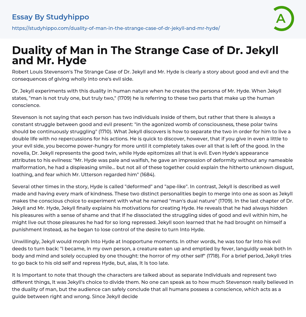 Duality of Man in The Strange Case of Dr. Jekyll and Mr. Hyde Essay Example