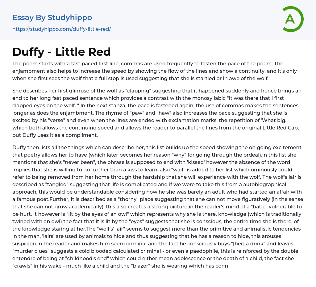 Duffy – Little Red Essay Example
