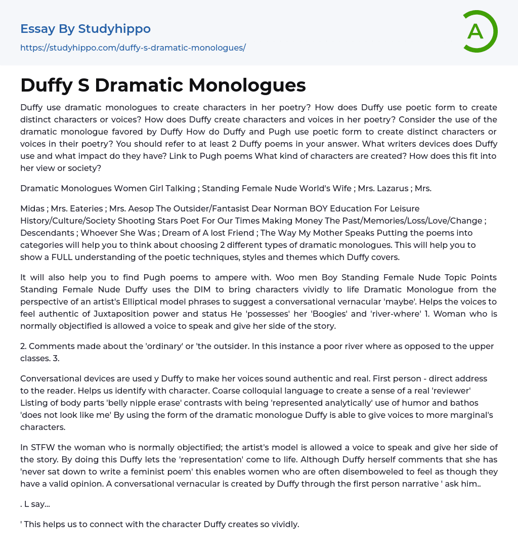 Duffy S Dramatic Monologues Essay Example