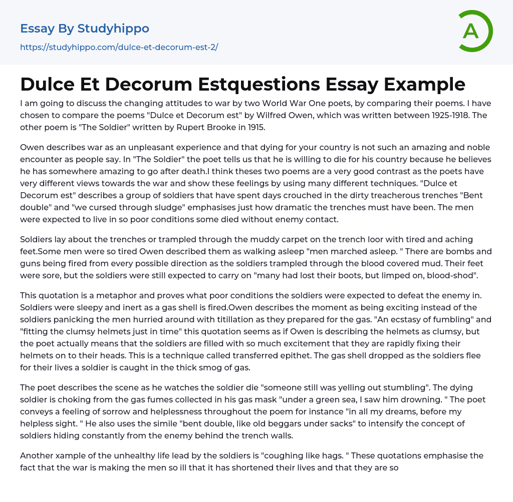 Dulce Et Decorum Estquestions Essay Example