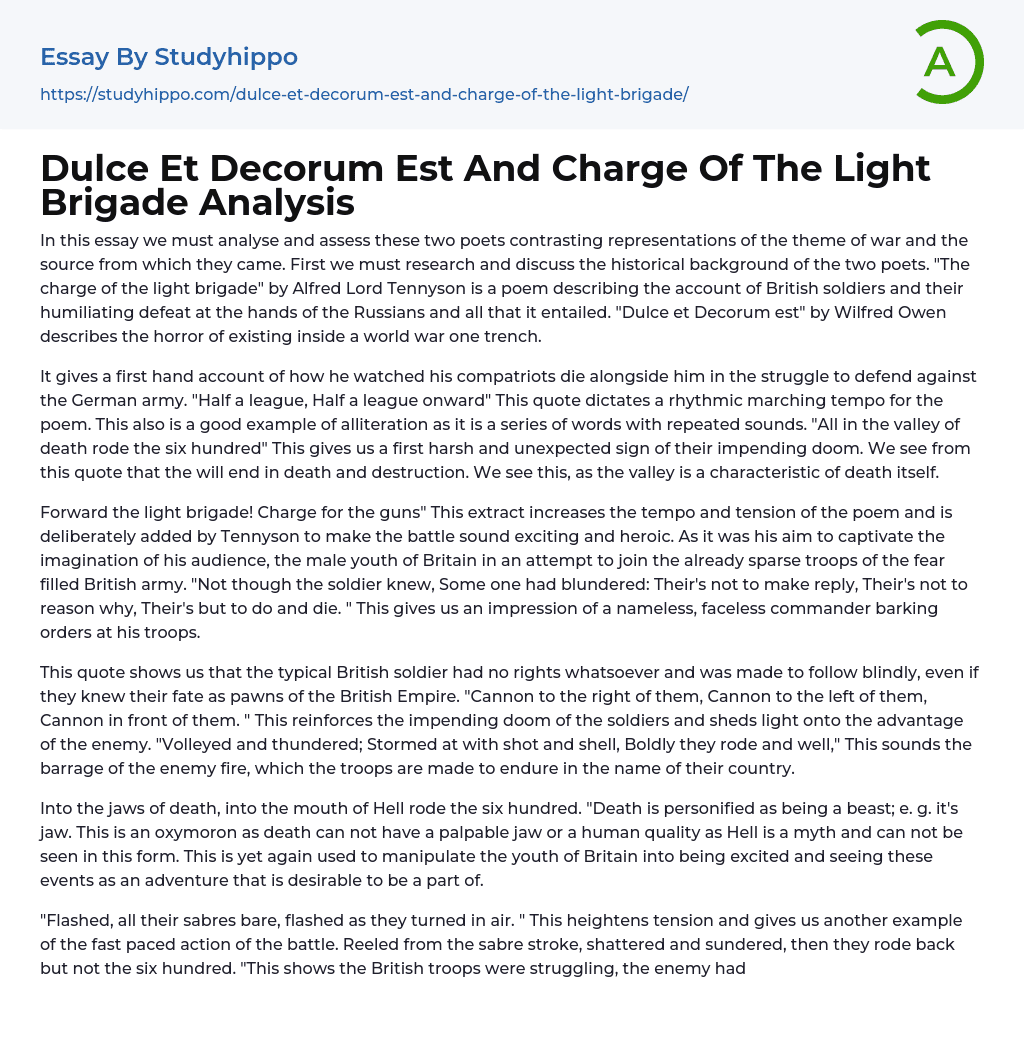 Dulce Et Decorum Est And Charge Of The Light Brigade Analysis Essay Example