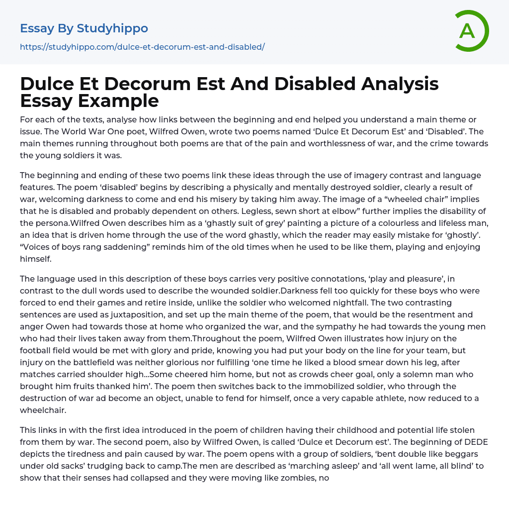 Dulce Et Decorum Est And Disabled Analysis Essay Example