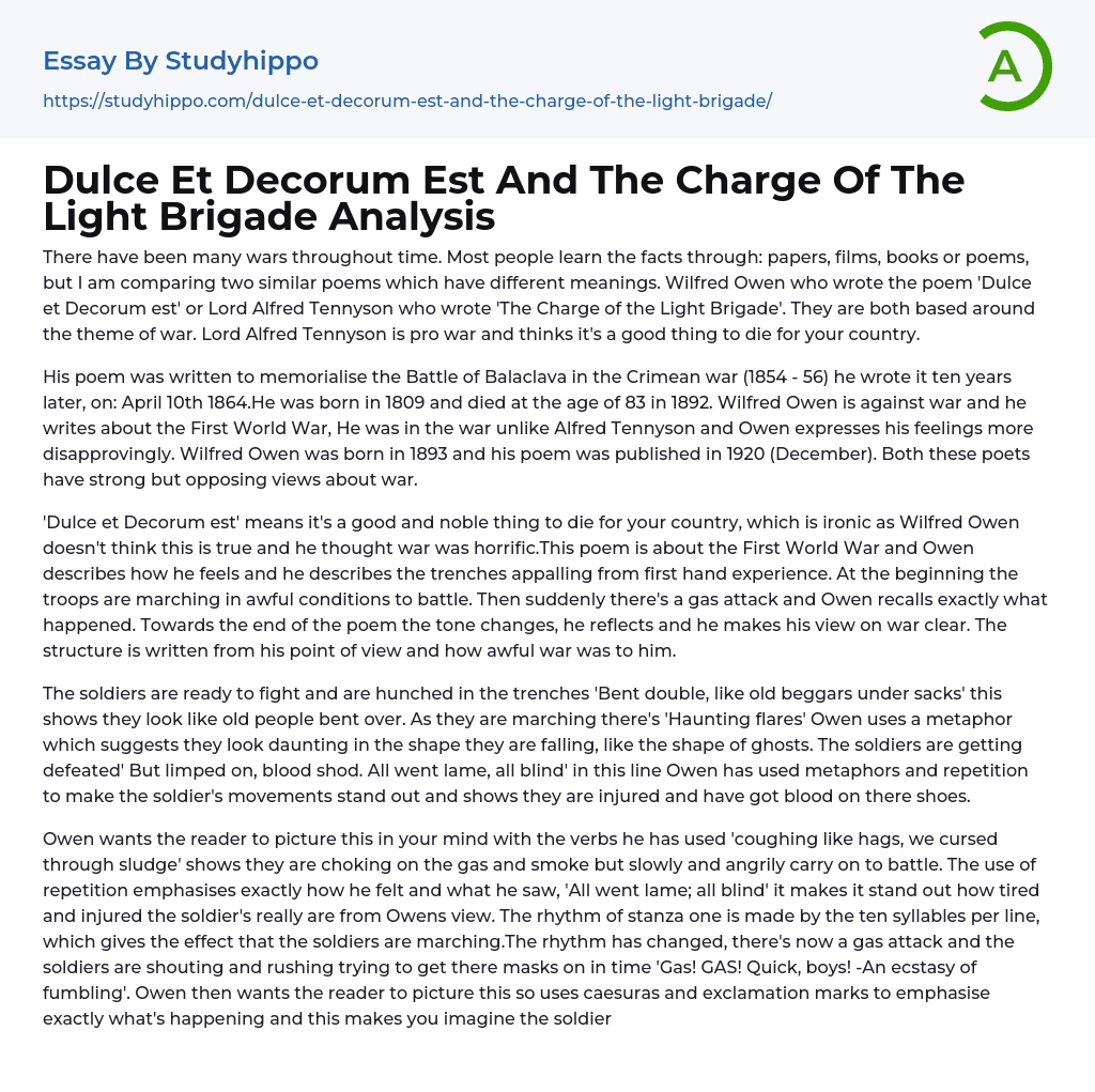 Dulce Et Decorum Est And The Charge Of The Light Brigade Analysis Essay Example