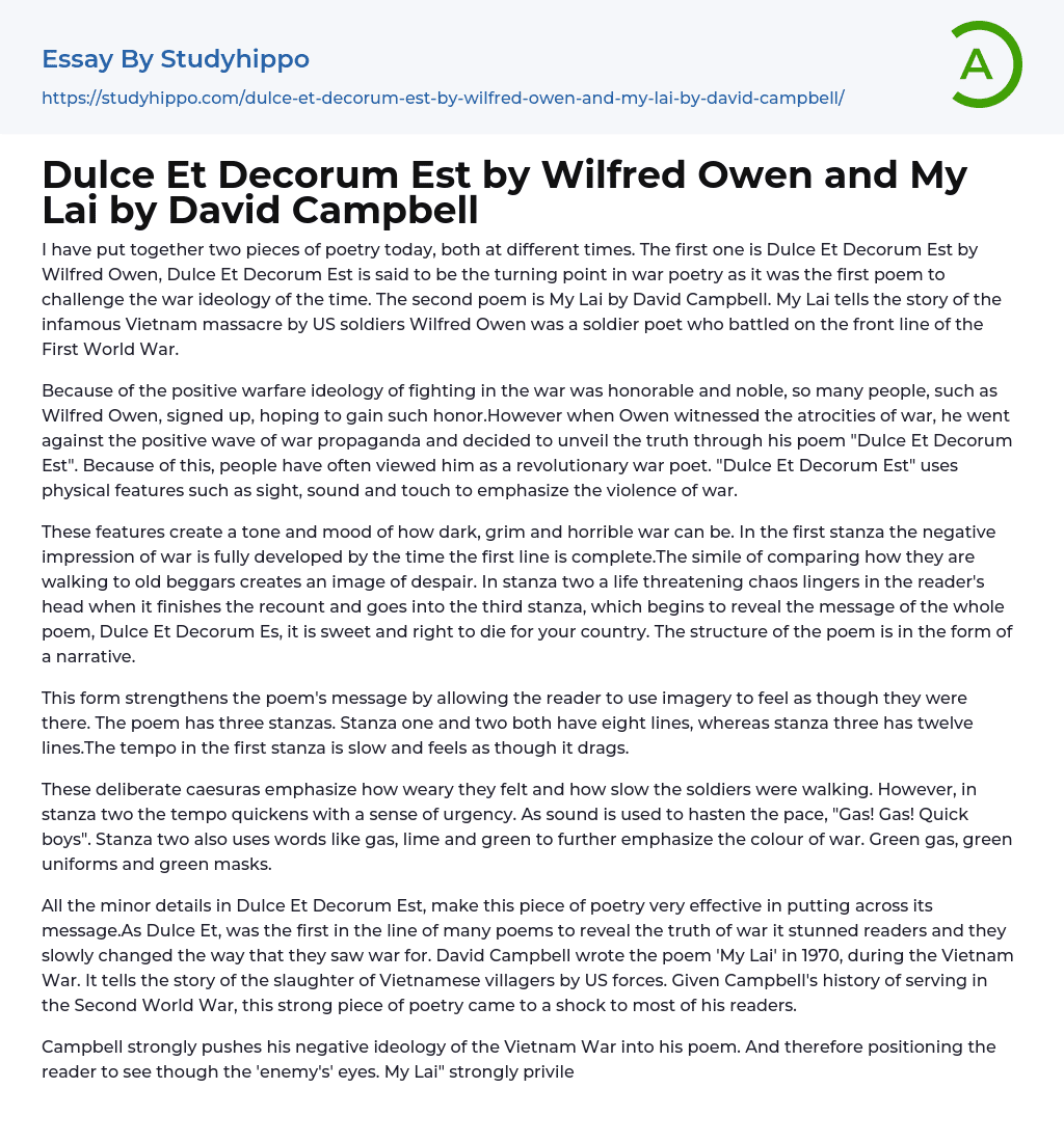 Dulce Et Decorum Est by Wilfred Owen and My Lai by David Campbell Essay Example