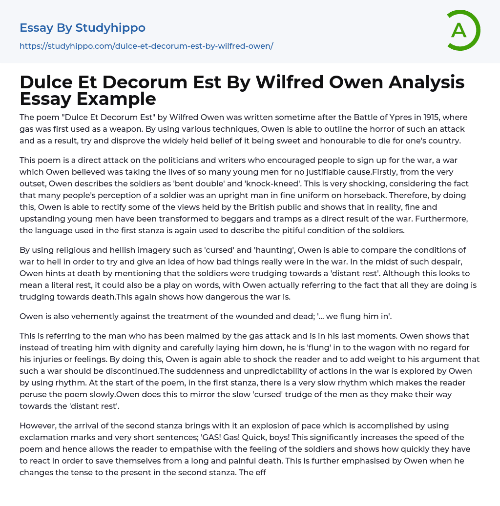 Dulce Et Decorum Est By Wilfred Owen Analysis Essay Example