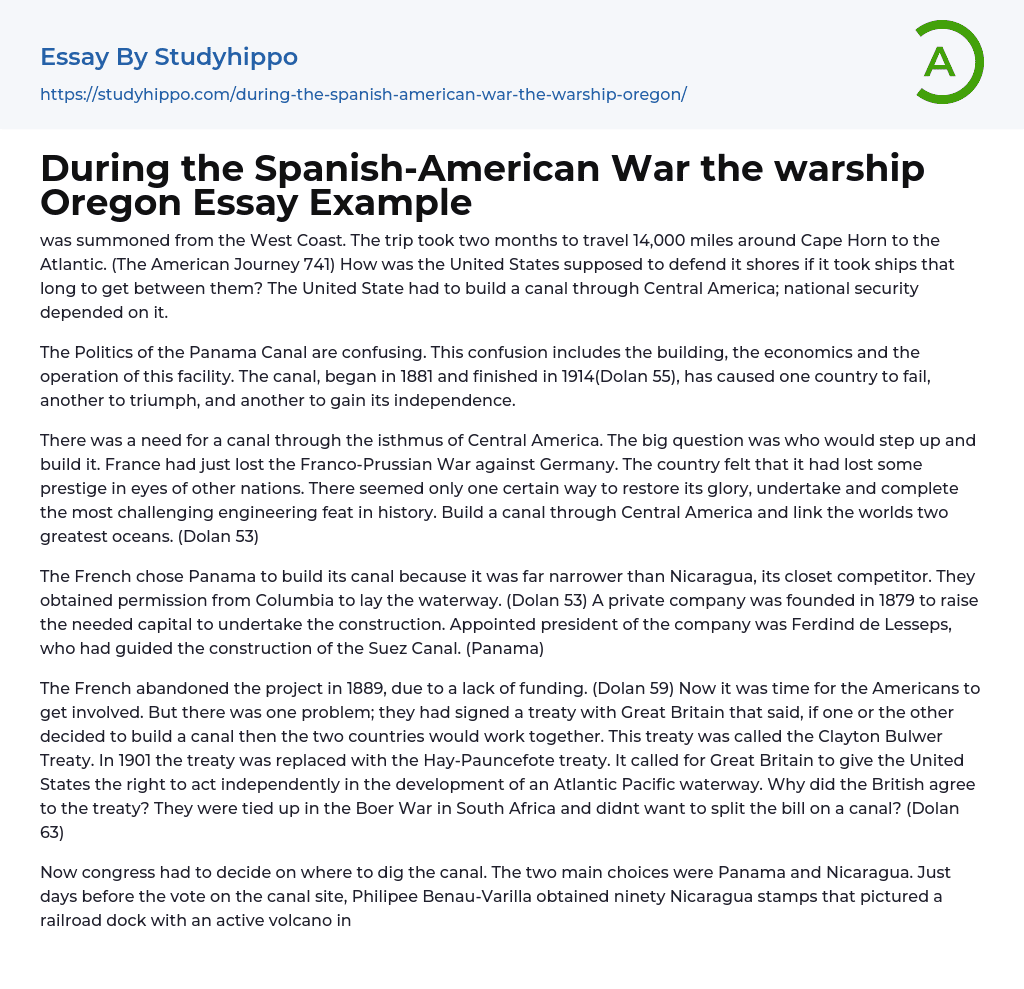During the Spanish-American War the warship Oregon Essay Example