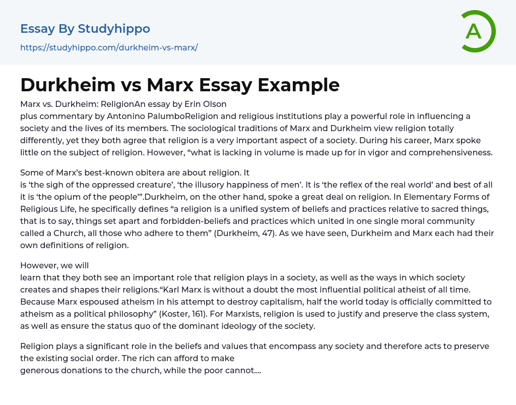 Durkheim vs Marx Essay Example