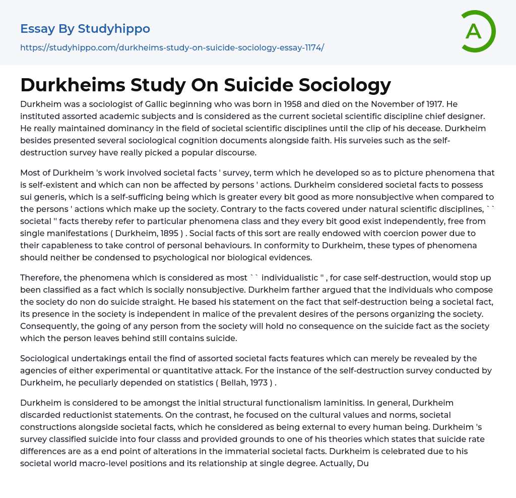 Durkheims Study On Suicide Sociology