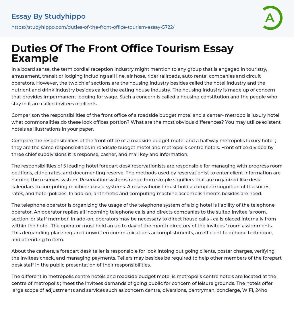 Duties Of The Front Office Tourism Essay Example