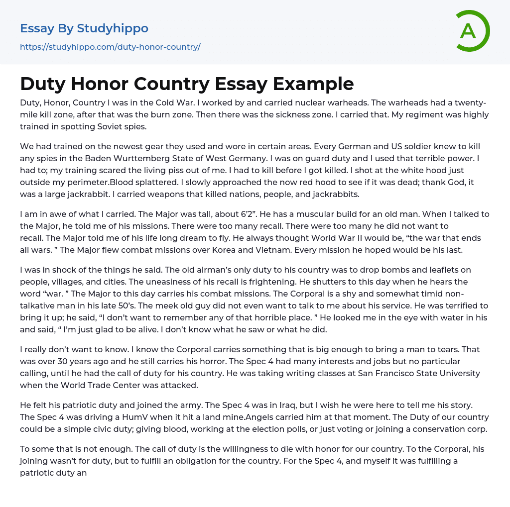 Duty Honor Country Essay Example