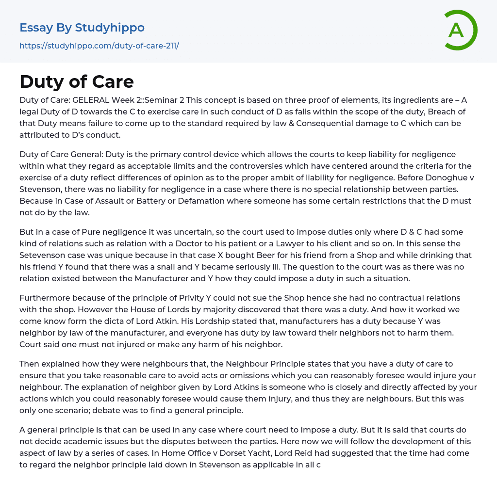 Duty of Care: Policies & Omission Essay Example