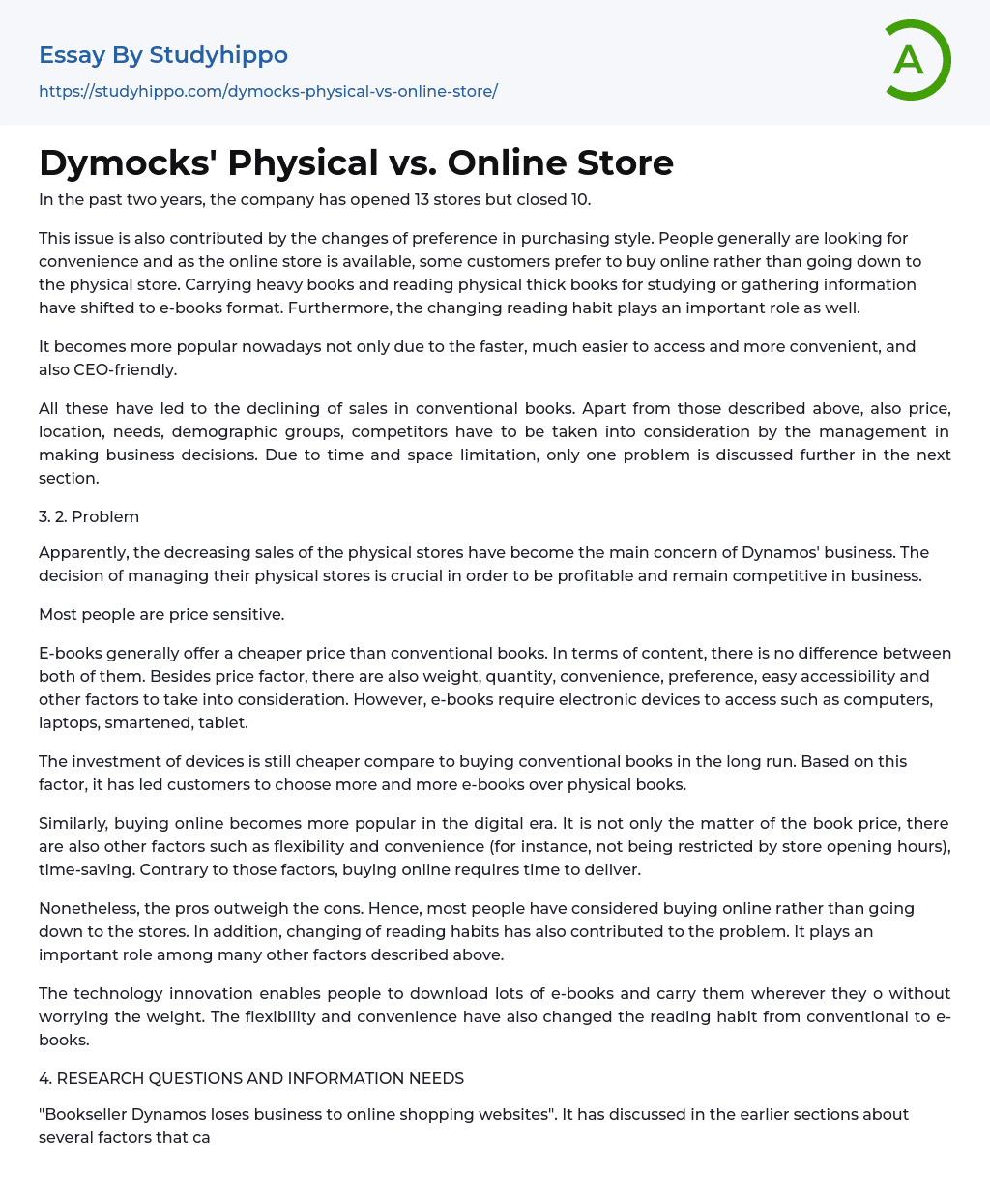 Dymocks’ Physical vs. Online Store Essay Example