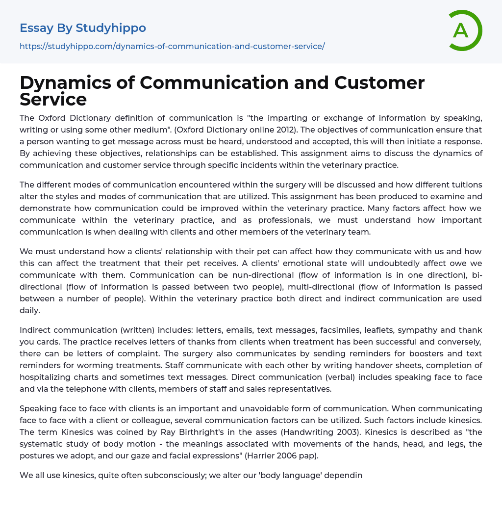 Dynamics of Communication and Customer Service Essay Example