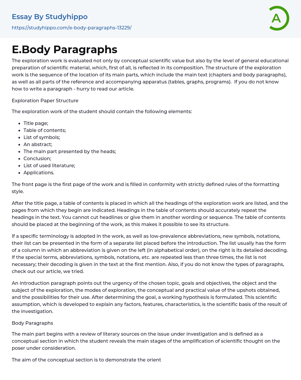 E.Body Paragraphs Essay Example
