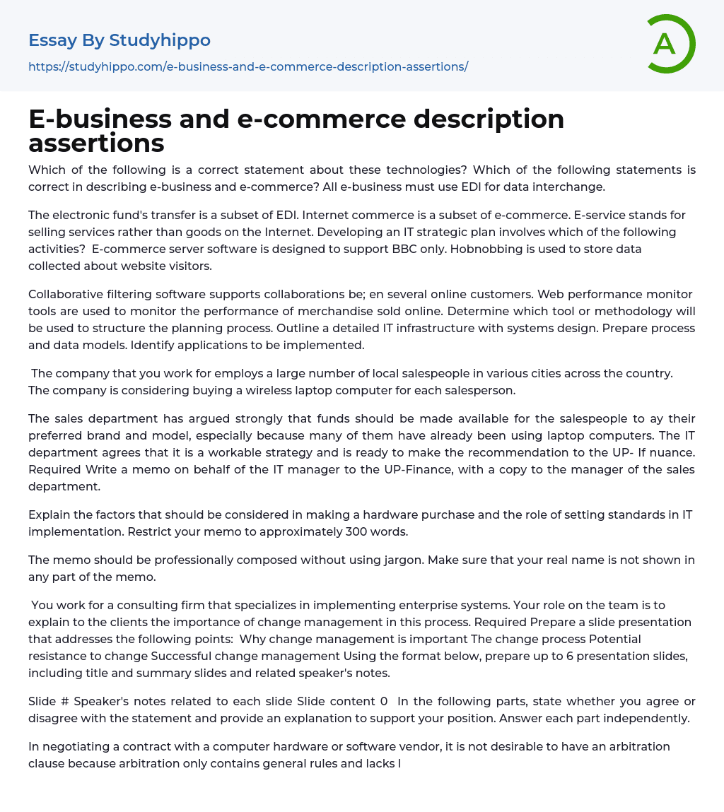 E-business and e-commerce description assertions Essay Example