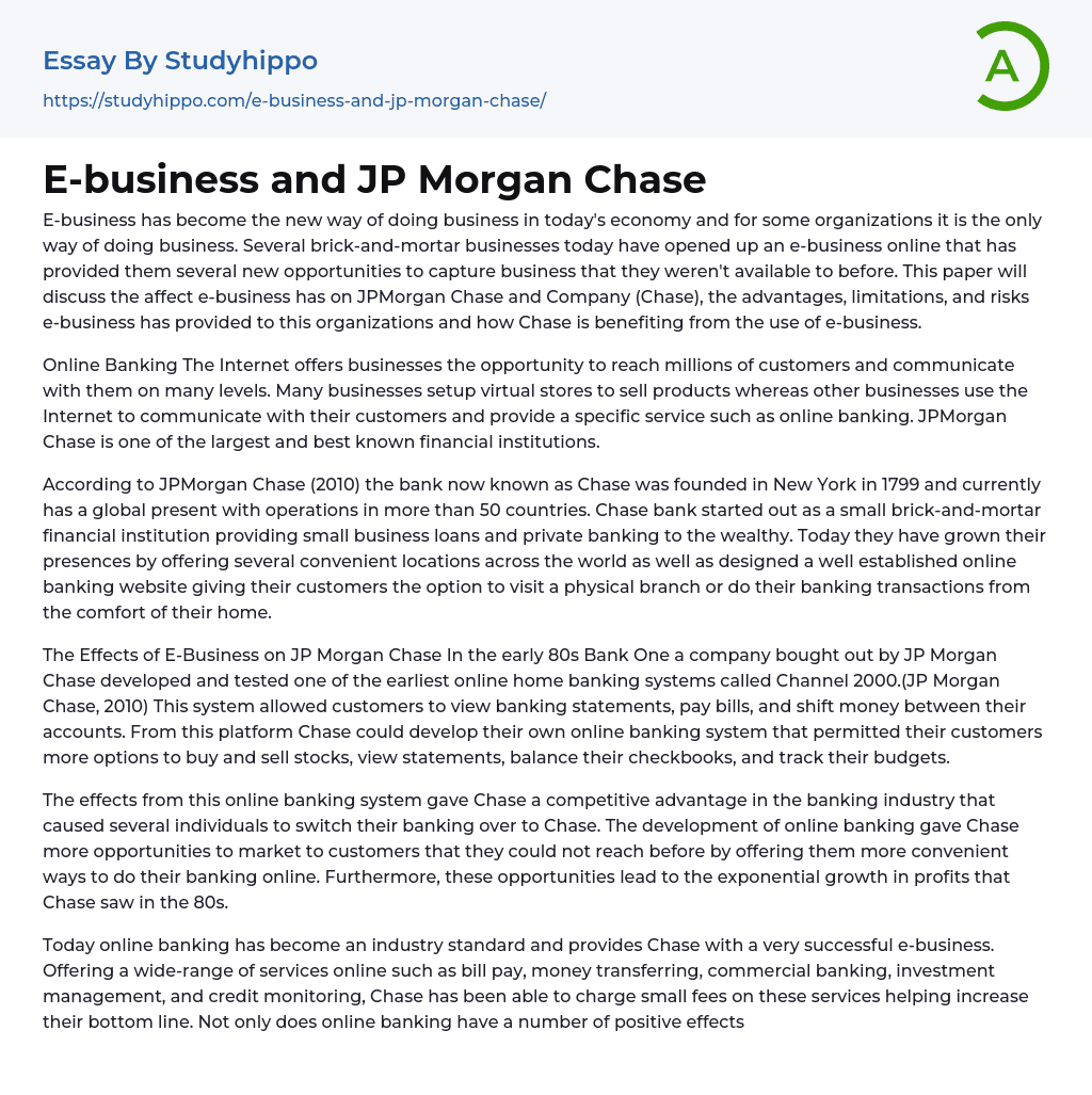 E-business and JP Morgan Chase Essay Example