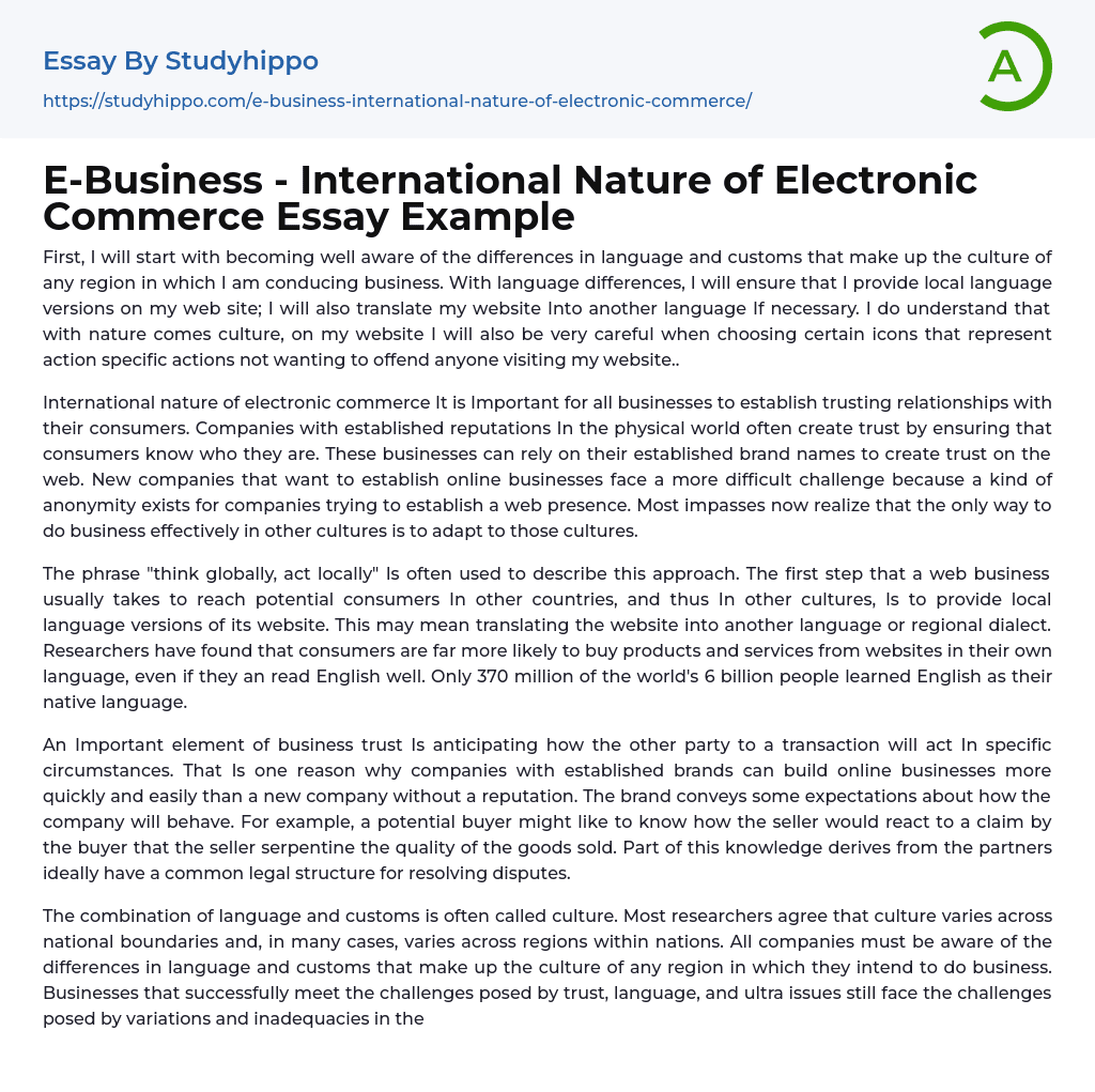 E-Business – International Nature of Electronic Commerce Essay Example