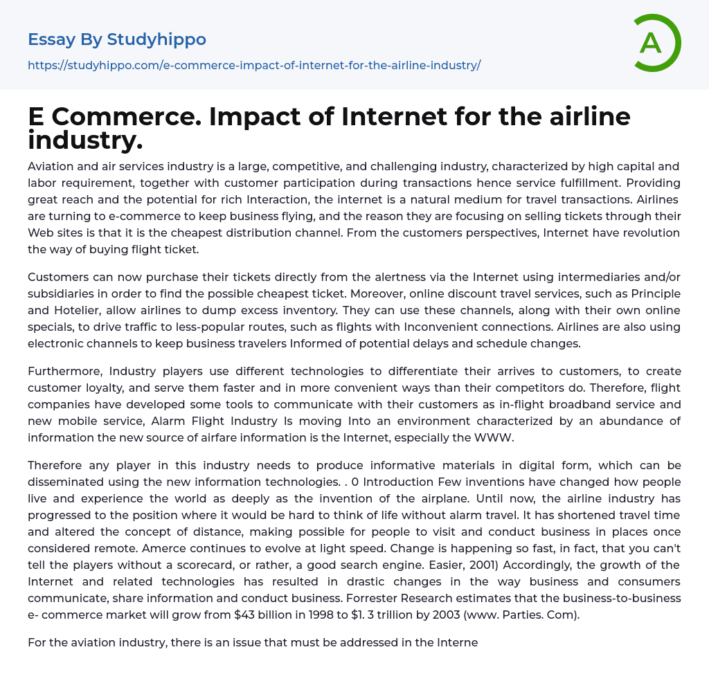 E Commerce. Impact of Internet for the airline industry. Essay Example