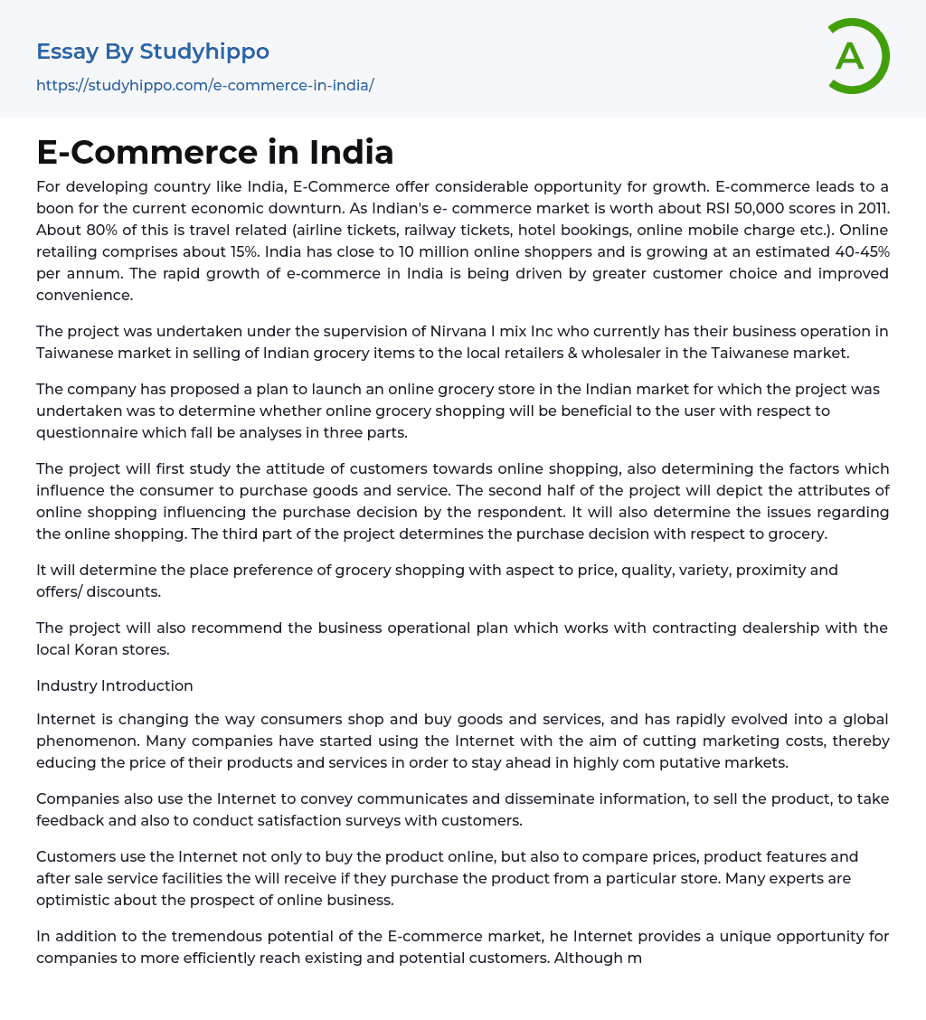 E-Commerce in India Essay Example