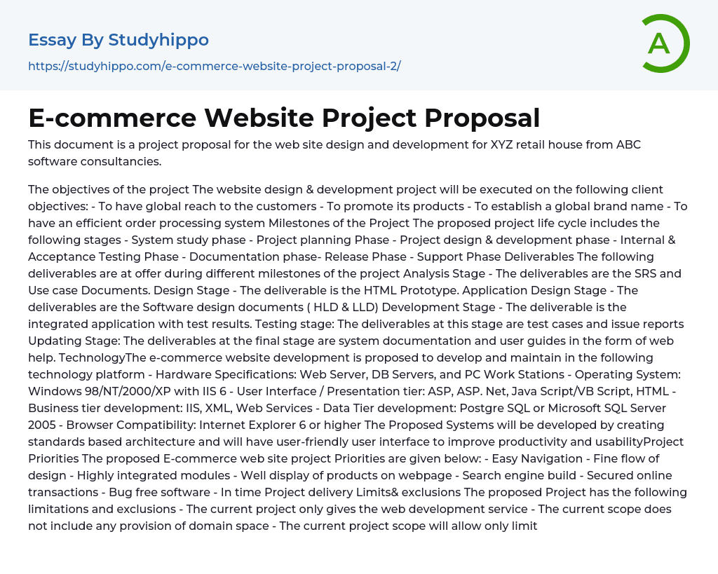 Ecommerce Website Project Proposal Essay Example  StudyHippo.com