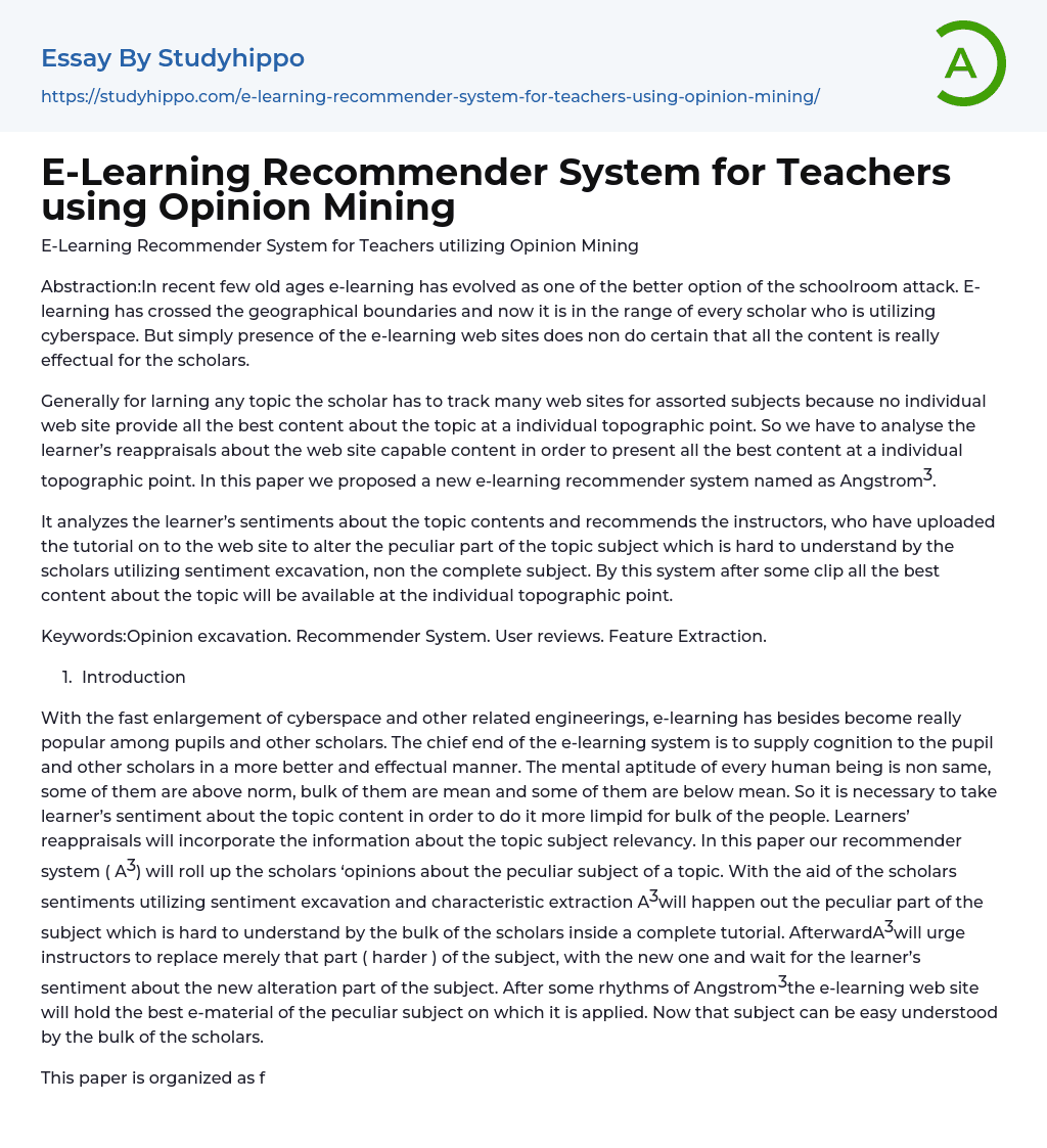E-Learning Recommender System for Teachers using Opinion Mining Essay Example