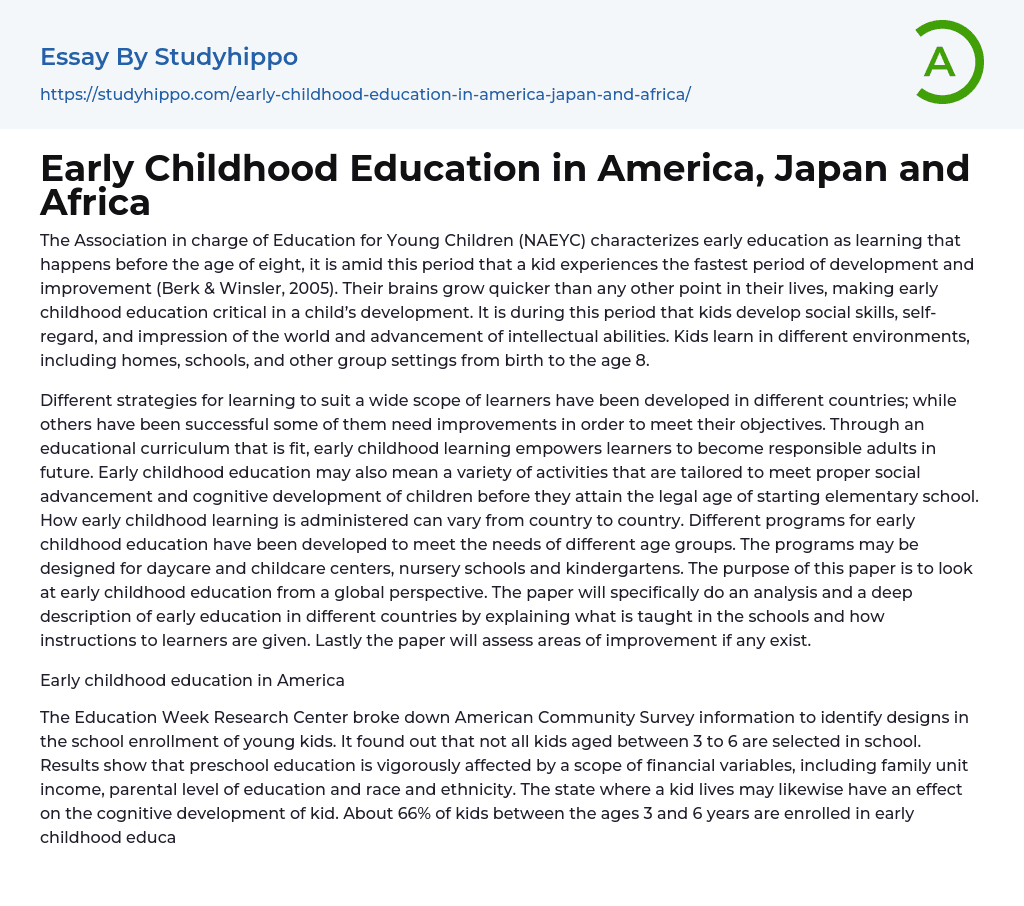 Early Childhood Education in America, Japan and Africa Essay Example